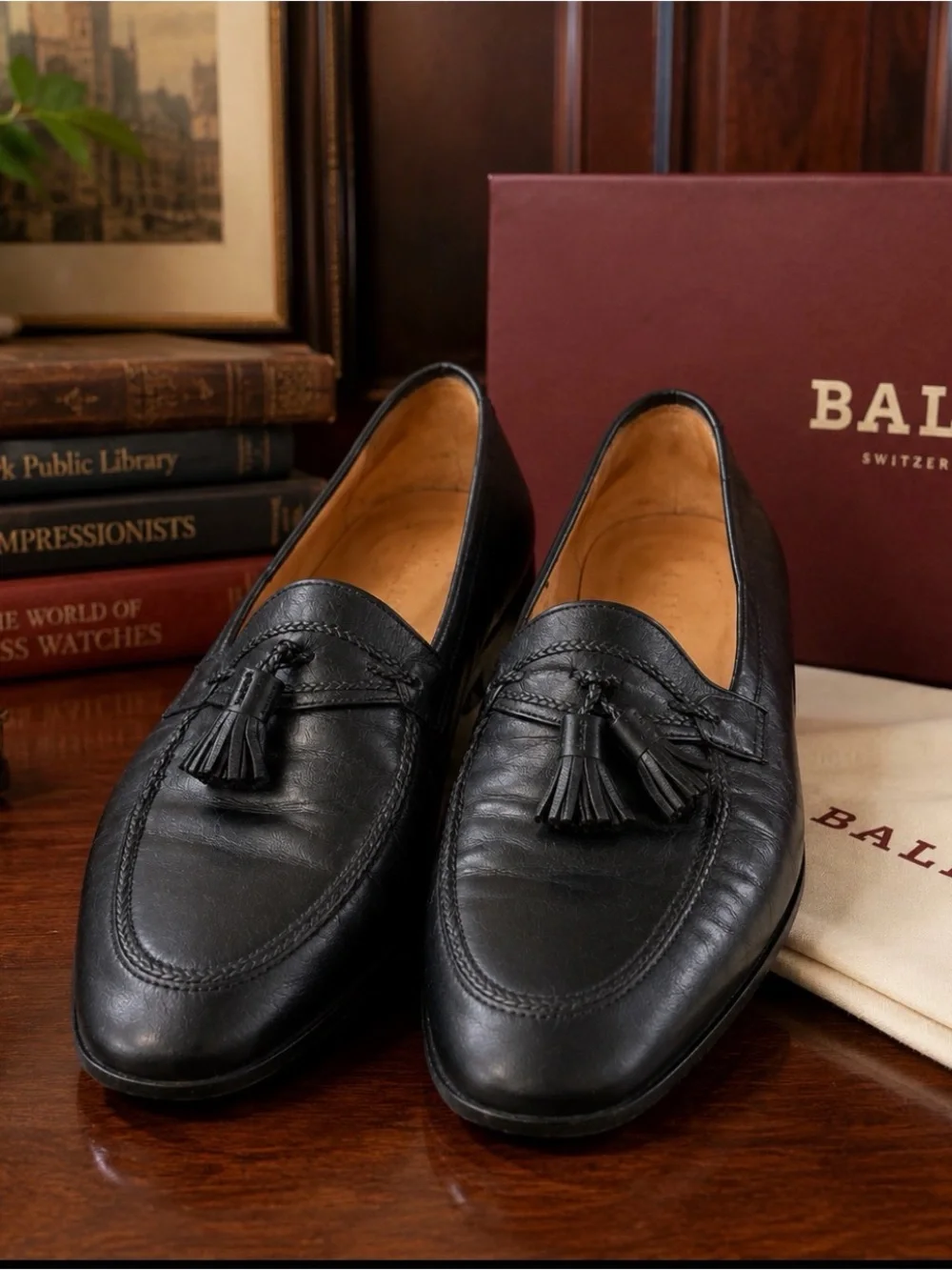 Bally Black Leather Tassel Loafers Slip-Ons size 12